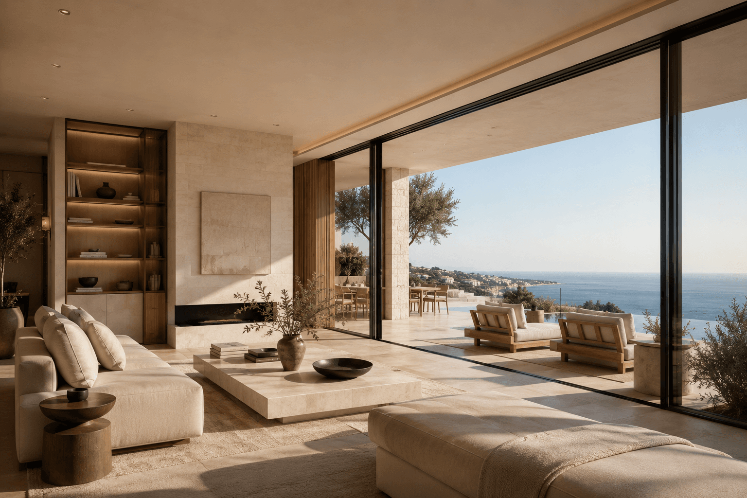 Quiet Mediterranean living interior with warm materials and refined architectural calm