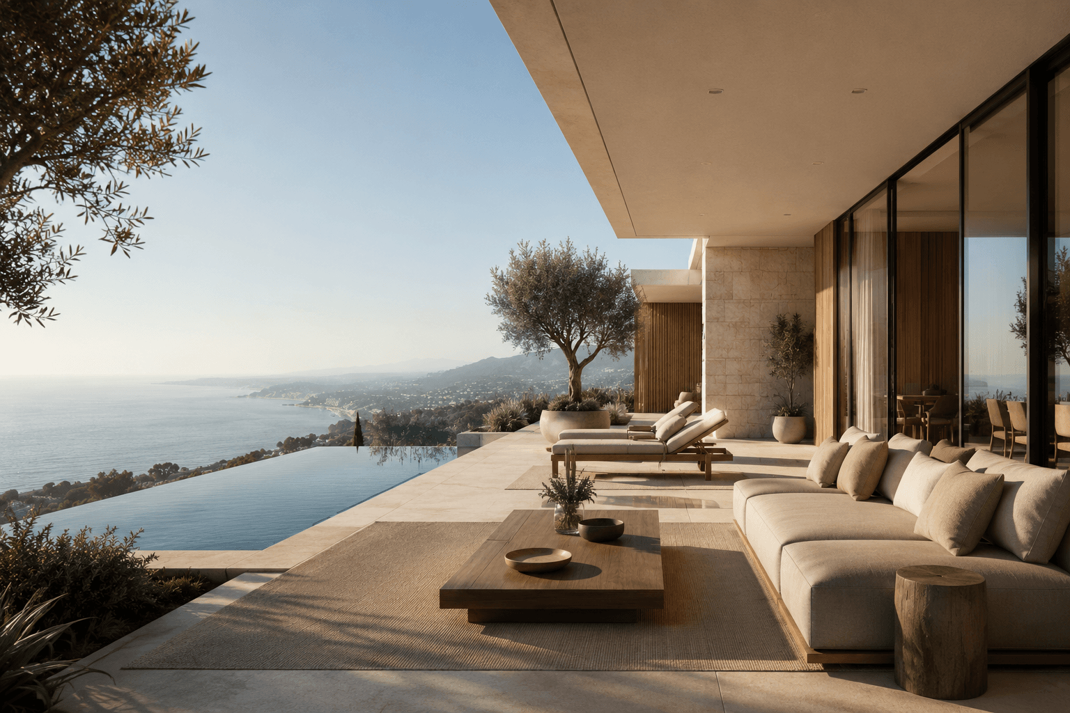 Private Mediterranean terrace with calm sea-facing outdoor living atmosphere